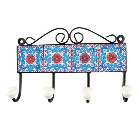 Turquoise And Red Flower Ceramic Tile Hook 